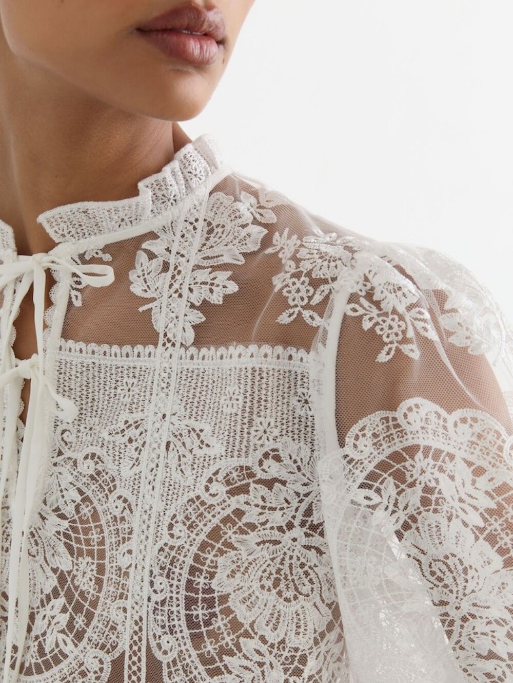 Reiss Demi Sheer Lace Tie-Neck Blouse in Ivory - Picture 7 of 16